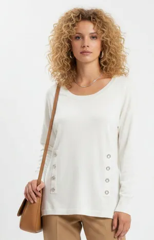 INC White Long Sleeve Knit Sequins Grommet Trim Tunic Top M thumbnail 1
