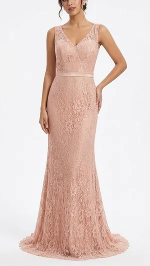 NWT Hebeos Blush Pink Lace V-Neck Prom Dress Gown thumbnail 1