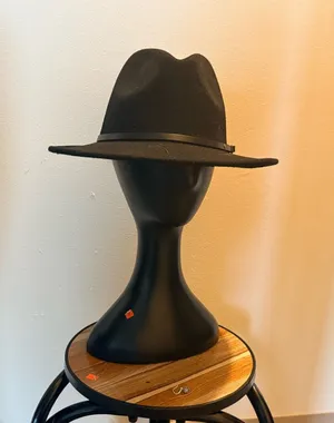 Ladies black belted wide brim Fedora hat thumbnail 1