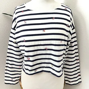 Madewell Shirt Striped Embroidered Floral Cropped Bell Sleeve Tee Stripe Coastal thumbnail 5