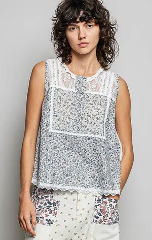 POL Printed Woven Lace Back Round Neck Sleeveless Top - Medium thumbnail 1