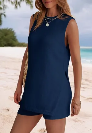 NENONA Brand 2 piece Short and Sleeveless Tunic Top Sweater Set in Navy thumbnail 2