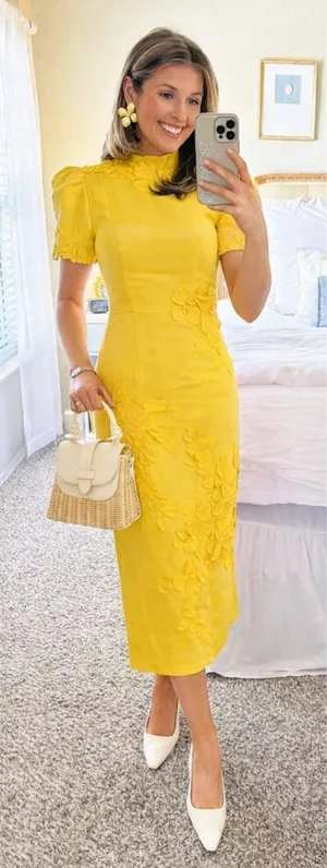 NWT Antonio Melani Willow Linen Floral Applique Sunshine Yellow‎ Midi Dress thumbnail 1