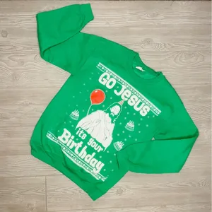 Gildan green funny religious “ go Jesus it’s your birthday “ long sleeve sweater thumbnail 1