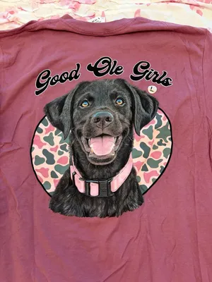 Good Ole Girls T-Shirt Size L Black Lab on Camo Graphic Burgundy thumbnail 4
