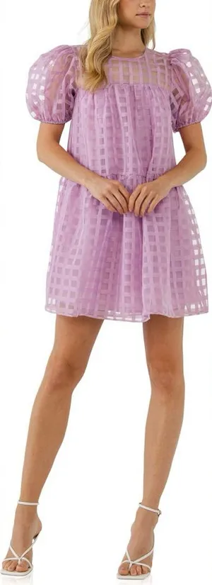 English factory Gridded Puff Sleeve Dress in lilac size small thumbnail 1