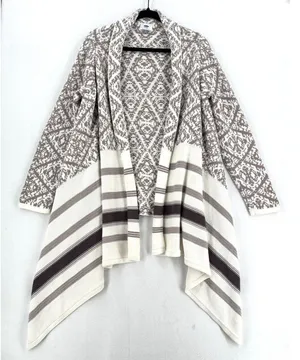 Old Navy Long Cardigan Women L Taupe Cream Geometric Waterfall Open Front Boho thumbnail 1