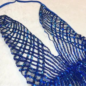 Brazilian Blue Sequin Sheer Plunge One-Piece Thong Side Tie Swimwear Size Small thumbnail 3