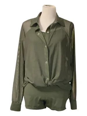 Weissman Olive Green Mesh Button-Down Over-Shirt & Cami Romper Set – Size LA (Large Adult)l thumbnail 1