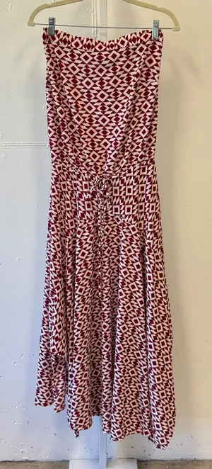 Mekong Burgundy Geometric Diamond Print Strapless Maxi‎ Dress One Size OS Boho thumbnail 1