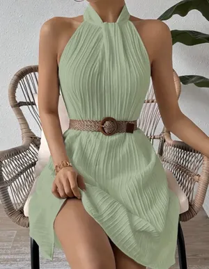 Sage Green Pleated Halter Dress M Flowy A-Line Mini Lightweight Summer thumbnail 1