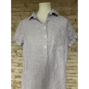 Garnet Hill Suns Out linen relaxed popover shirt dress striped purple Medium thumbnail 3