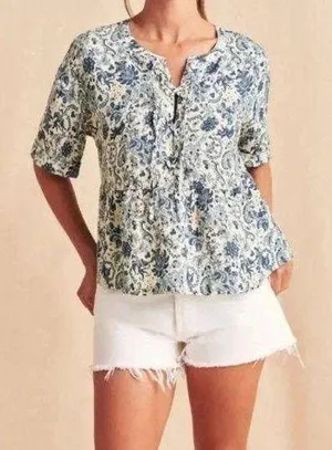 Faherty Womens Salinas Jacobean Top S Floral Lace Up Linen Floaty Blue Aviary thumbnail 1