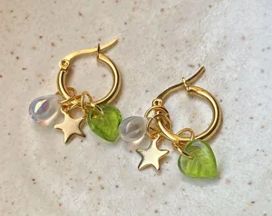 Handmade cute retro cottage fairy Czech glass beads mix unique hoop earrings🌟🌿 thumbnail 1