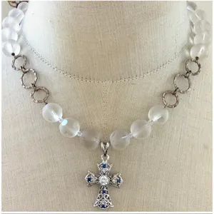 Sterling silver 925 Cross Pendant Frosted Glass Bead Necklace thumbnail 1