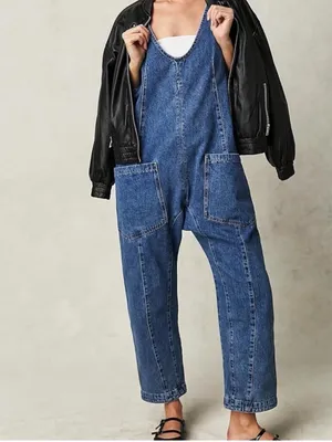 Free People Women's High Roller Jumpsuit Blue Denim Size Medium M thumbnail 4
