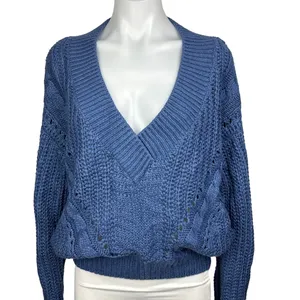 Urban Outfitters LARGE Blue Chunky Cable Knit Long Sleeve V-Neck Sweater Top thumbnail 4