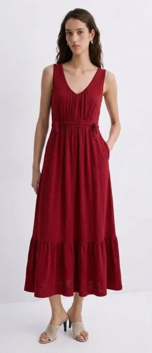 Mango Linen Blend V-Neck Maxi Dress Red Tiered Ruffle Hem Elastic Waist XS Red thumbnail 1