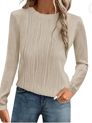 Zesica Women's Size Small Long Sleeve Top Crewneck Beige Ribbed Textured Stretch thumbnail 2
