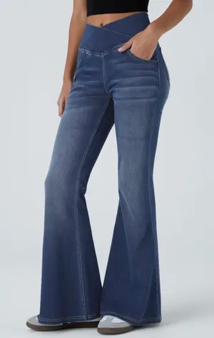 Halara Flex High Waisted Crossover Pocket Washed Flare Jeans Size Medium thumbnail 1