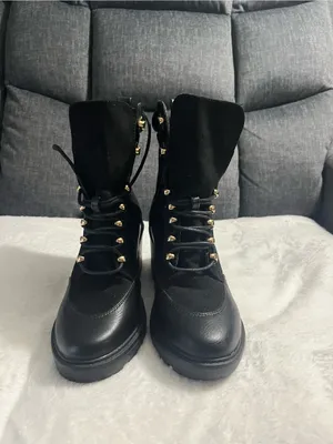 Black Heeled Lace-Up Ankle Boots with Gold Hardware thumbnail 2