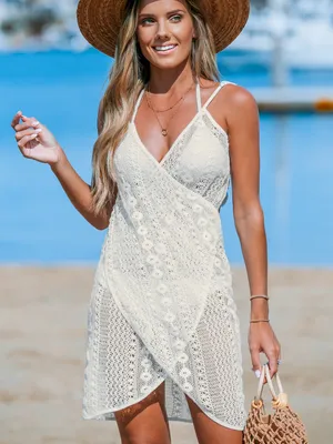 Cupshe Cream Crochet Lace Crossover Wrap Mini Swim Cover Up Dress Size M thumbnail 1