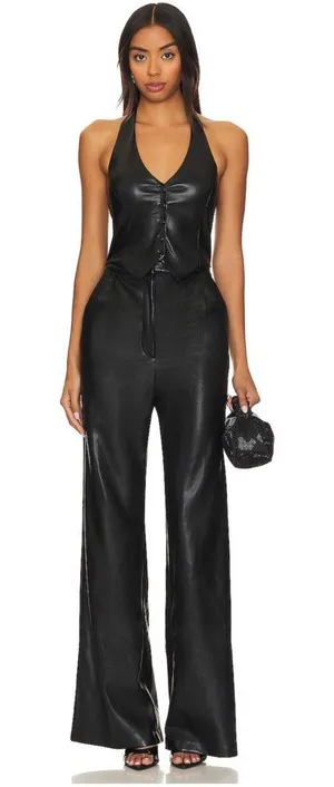 Amanda Uprichard‎ X Revolve Isadore Faux Leather Jumpsuit in Black size small thumbnail 1