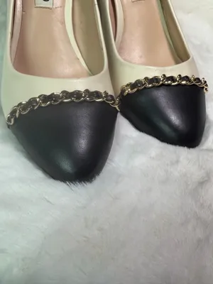 Karl Lagerfeld black + cream heels with gold chain detail thumbnail 4