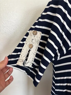 Exist Navy Blue & White Short Sleeve Striped Crochet Accent Button Back T-Shirt Dress thumbnail 5