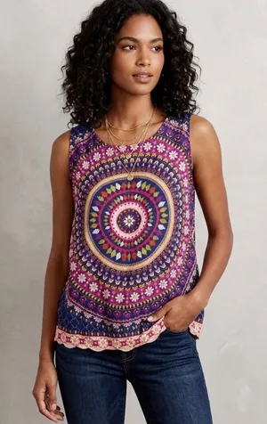 Renee C. Boho Mandala Floral Kaleidoscope Tank Size Medium. Made in USA. thumbnail 1