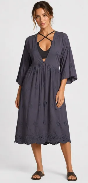 Blue/Gray eyelet cover up midi dress with tie back detail; size small/medium thumbnail 1