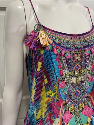 Camilla Pastel Floral Ikat Embroidered Top in Pink, Blue, Purple Size Medium thumbnail 6