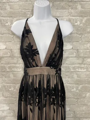 DOKOTOO Plunging V-Neck Black Floral Lace Overlay Maxi Dress in Taupe Lining thumbnail 2