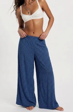NEW Band Of Gypsies Palazzo Pants Wide Leg Flowy Blue & Orange Size LARGE thumbnail 1