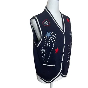 Vintage Robin Sinkler Fireworks Stars‎ Knit Embroidered Vest Medium Patriotic thumbnail 4