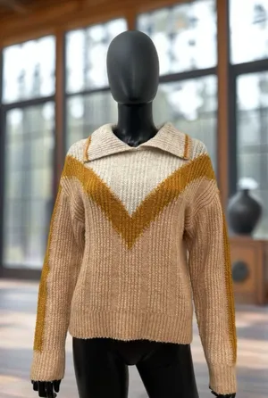 SHEIN Beige Knit Sweater M, Cozy V Chevron Design, Soft Fall‎ Winter Pullover thumbnail 1
