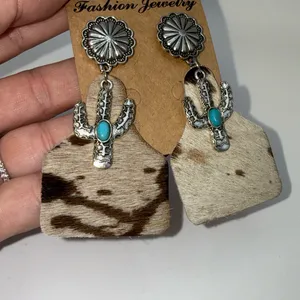 Western Cowhide Cactus Earrings Turquoise Concho Leather Dangle Boho Rodeo thumbnail 3