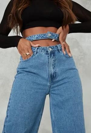 Missguided blue double waistband wide straight leg jeans thumbnail 3