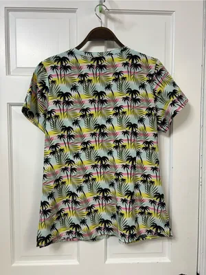 Scrub Joy Women's Short Sleeve Palm Print V-Neck Top - Multi Yellow Pink Black thumbnail 3