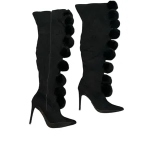 Cape Robbin Black Pom-Pom Knee-High Stiletto Boots 8.5 thumbnail 5