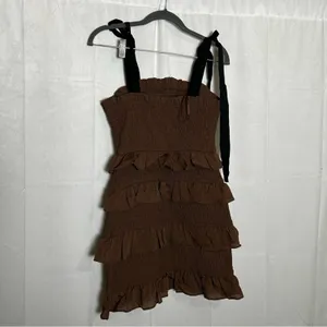 Endless Rose Brown Ruffle‎ Smocked Tie Shoulder Mini Dress Size XS thumbnail 3