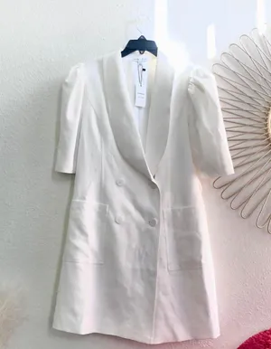 NWT Express X LadyGang White Puff Sleeve Double Breasted Blazer Dress thumbnail 1