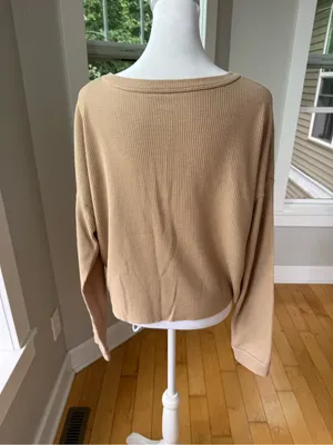 American Eagle Outfitters Tan Waffle Knit Henley Long Sleeve Top Size Large thumbnail 3
