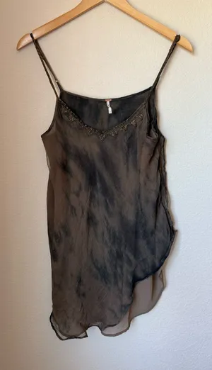 Free People Sheer Beaded Boho Tunic Cami Top Gray Brown Hi-Low Size L thumbnail 1