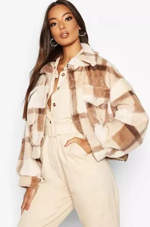 Boohoo Beige Plaid/check Fur Trucker Jacket thumbnail 3