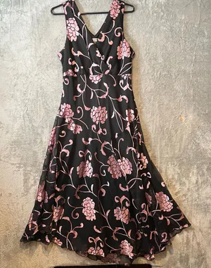 Vintage Y2K Black‎ Pink Floral Ruffle Hem Dress Cottagecore Coquette Sz 14 thumbnail 1