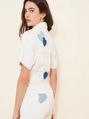 We The Free White Patchwork Denim Shortalls with Light Blue Heart Patch thumbnail 2