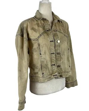 Zara Studded Z1975 Cropped Denim Jacket Tan Size XS Washed effect 100% Cotton thumbnail 7