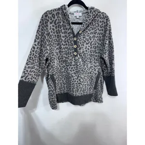 MoCo Boutique Women's S Gray Leopard Hoodie Sweatshirt Button Front Ribbed Trim‎ thumbnail 7