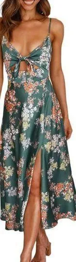 Medium Green, White Floral Tie Front Faux Wrap Midi Dress thumbnail 1